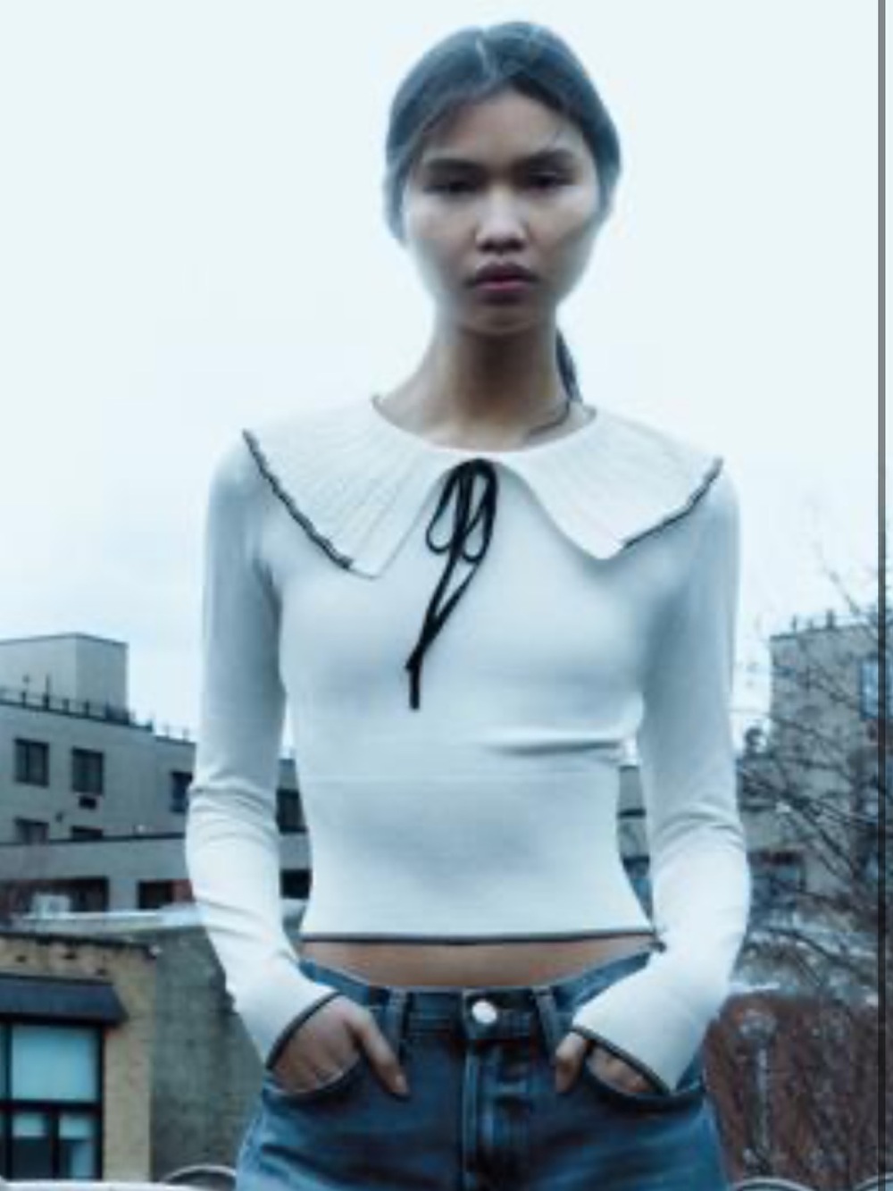 Zara Cream Sweater with Black-Trim Ruffled Collar